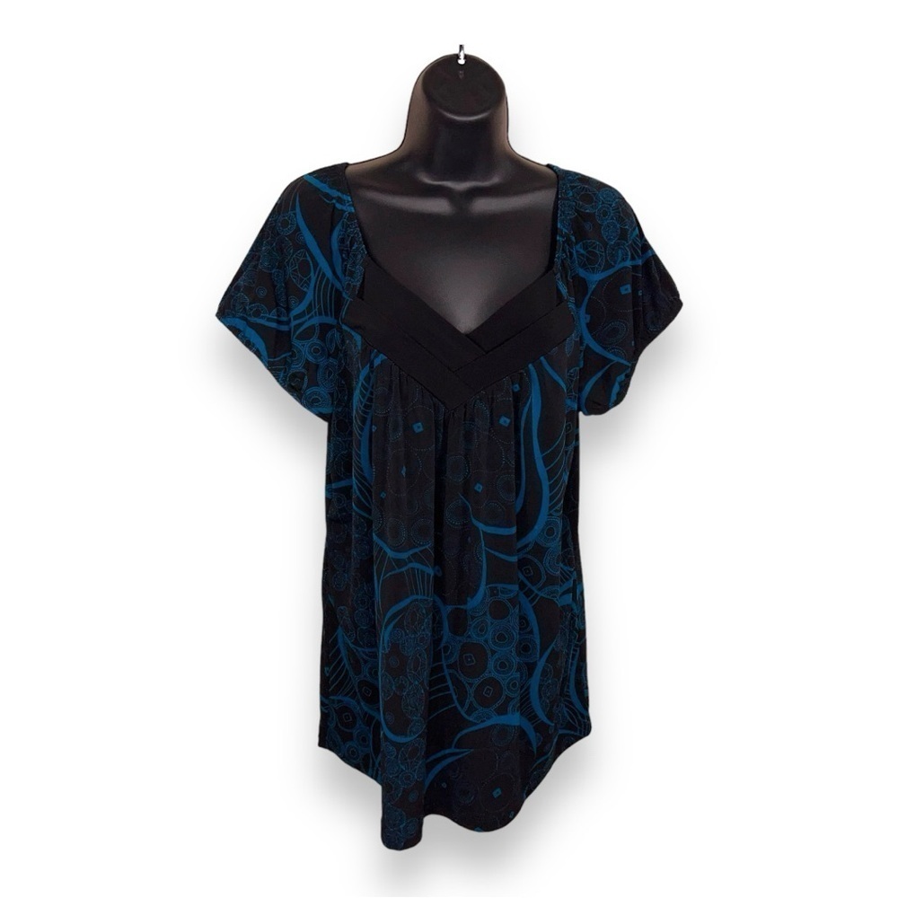 1x PERSEPTION VINTAGE Y2K PLUS TOP BLACK TEAL BLUE STRETCH VNECK SHORT SLEEVE